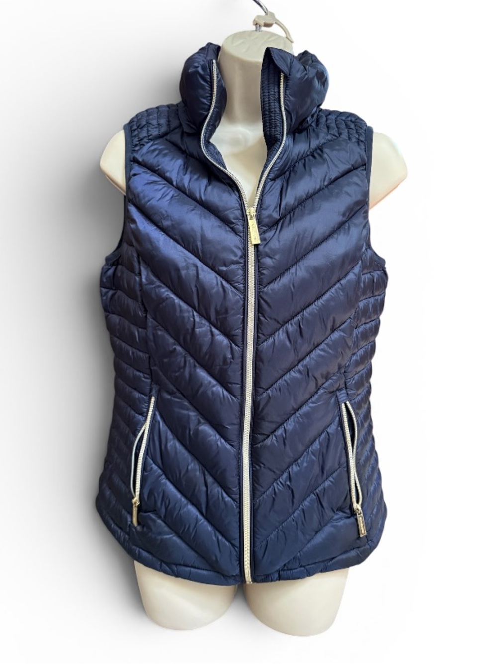 Michael Michael Kors Packable Puffer Vest Navy Blue Chevron Quilted Zip Front M